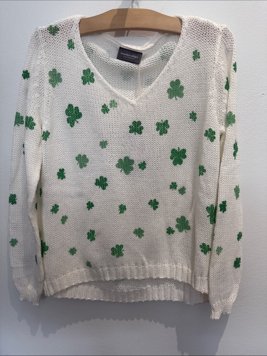 Wooden Ships Sweaters - Wooden Ships White V-Neck Sweater with Green Shamrock Print